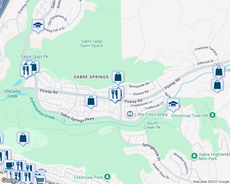 map of restaurants, bars, coffee shops, grocery stores, and more near 12682 Springbrook Drive in San Diego