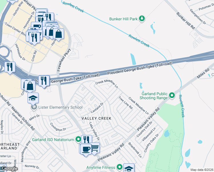 map of restaurants, bars, coffee shops, grocery stores, and more near 2321 Lantana Drive in Garland