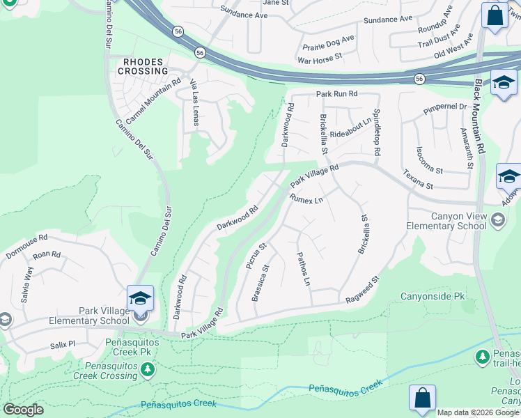map of restaurants, bars, coffee shops, grocery stores, and more near 12443 Darkwood Road in San Diego