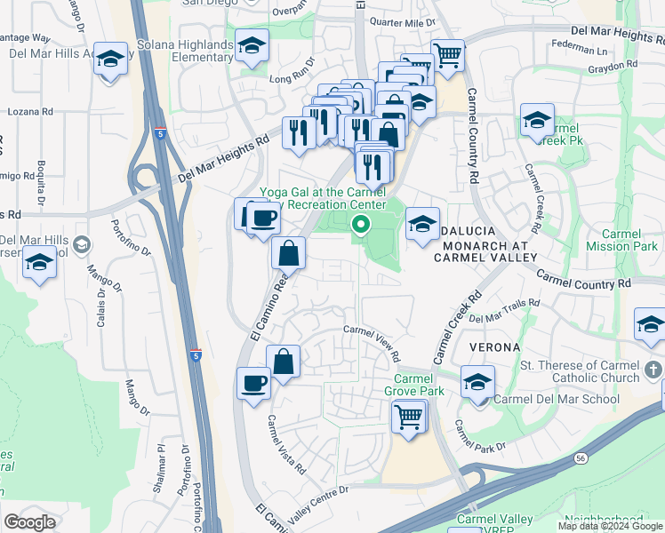 map of restaurants, bars, coffee shops, grocery stores, and more near 12543 El Camino Real in San Diego
