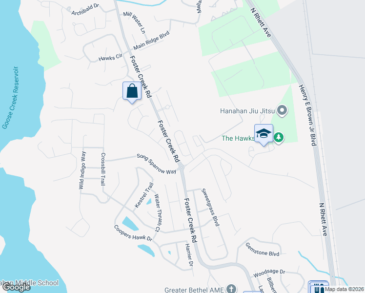 map of restaurants, bars, coffee shops, grocery stores, and more near 7409 Painted Bunting Way in Hanahan