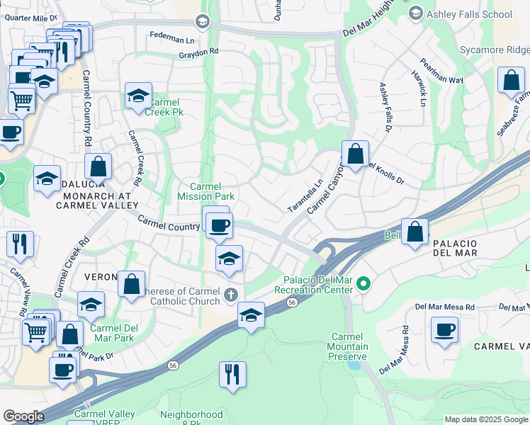 map of restaurants, bars, coffee shops, grocery stores, and more near 4557 Tarantella Lane in San Diego