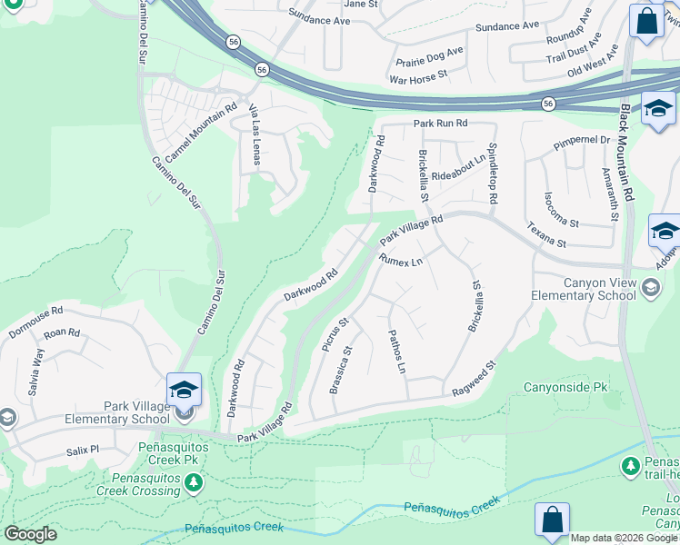 map of restaurants, bars, coffee shops, grocery stores, and more near 12443 Darkwood Road in San Diego