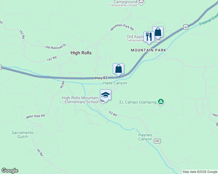 map of restaurants, bars, coffee shops, grocery stores, and more near Juniper Park Road in High Rolls
