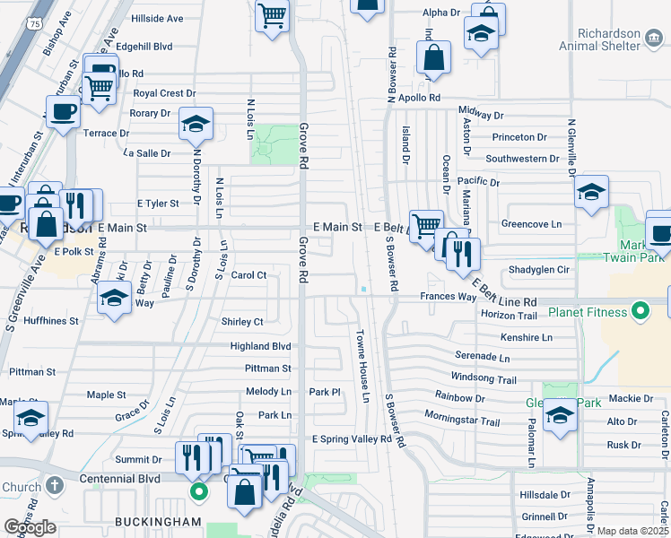 map of restaurants, bars, coffee shops, grocery stores, and more near 617 Frances Way in Richardson