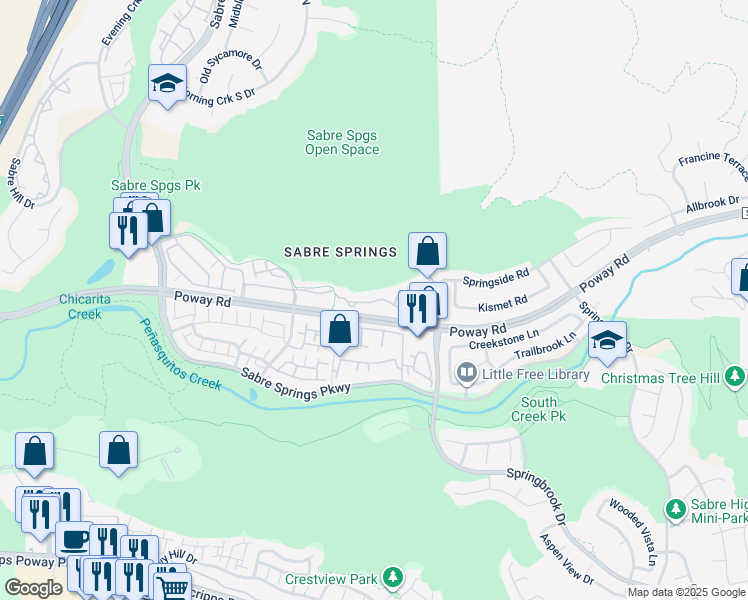 map of restaurants, bars, coffee shops, grocery stores, and more near 12650 Springbrook Drive in San Diego