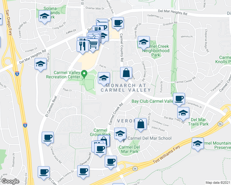 map of restaurants, bars, coffee shops, grocery stores, and more near Mykonos Lane in San Diego