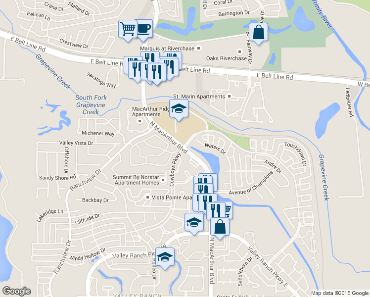 map of restaurants, bars, coffee shops, grocery stores, and more near 667 Cowboys Parkway in Irving