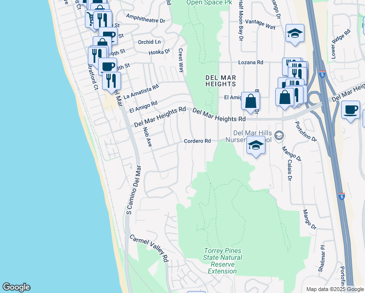 map of restaurants, bars, coffee shops, grocery stores, and more near 13675 Pine Needles Drive in Del Mar
