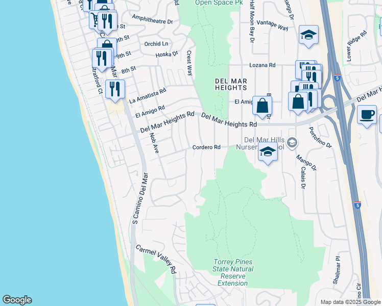 map of restaurants, bars, coffee shops, grocery stores, and more near 13675 Pine Needles Drive in Del Mar