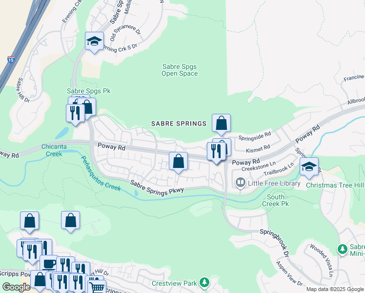 map of restaurants, bars, coffee shops, grocery stores, and more near 12538 Heatherton Court in San Diego