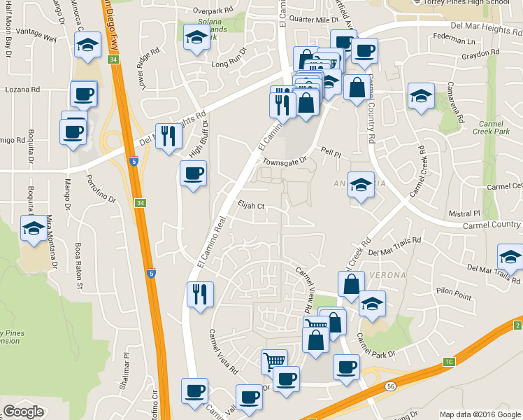 map of restaurants, bars, coffee shops, grocery stores, and more near 12543 El Camino Real in San Diego