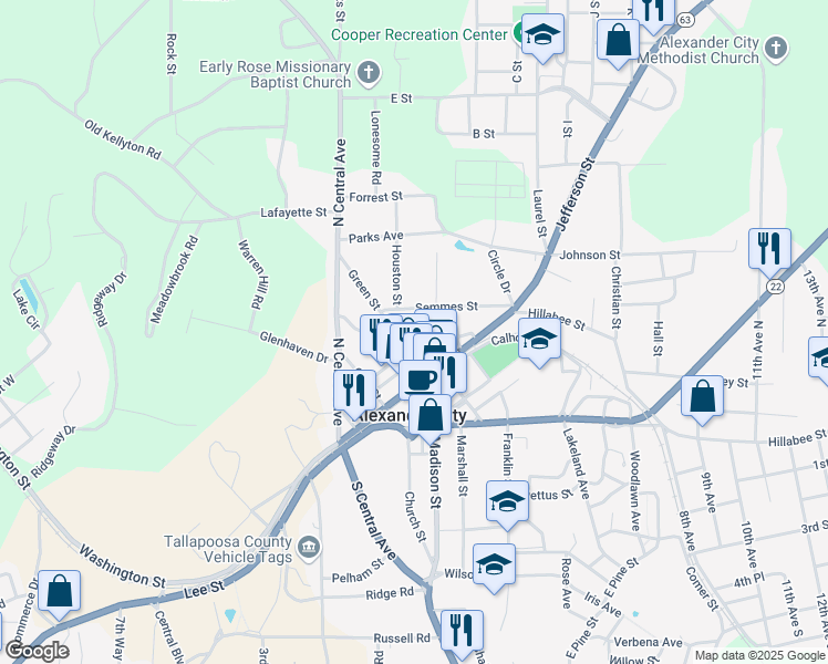 map of restaurants, bars, coffee shops, grocery stores, and more near 61 Jefferson Street in Alexander City