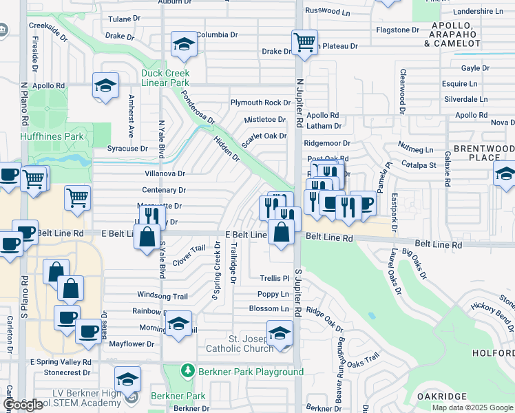 map of restaurants, bars, coffee shops, grocery stores, and more near 2111 East Belt Line Road in Richardson