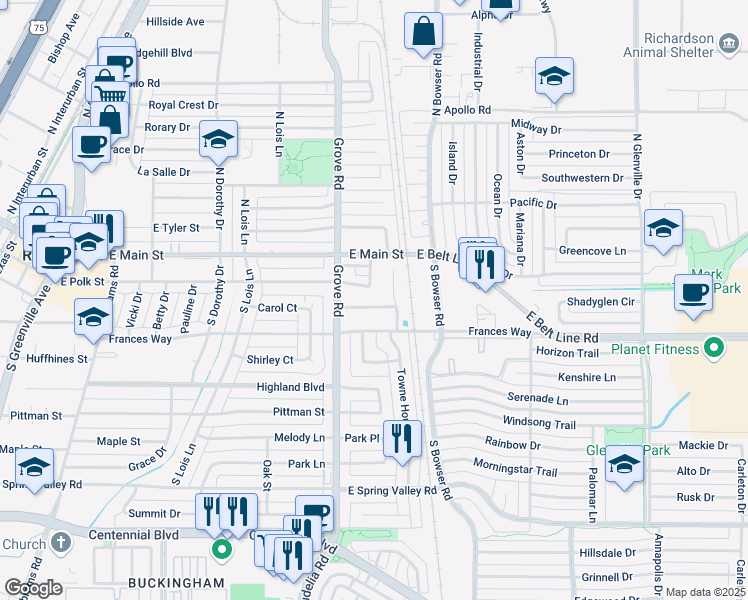 map of restaurants, bars, coffee shops, grocery stores, and more near 617 Frances Way in Richardson