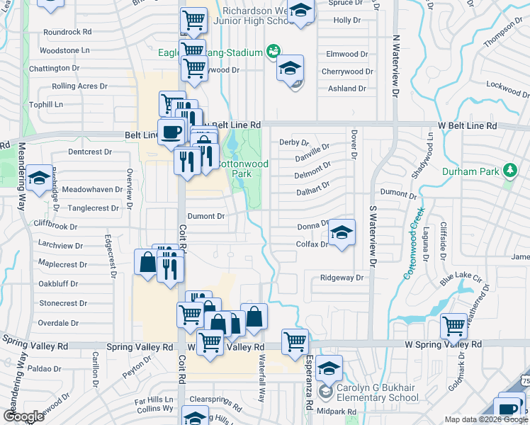 map of restaurants, bars, coffee shops, grocery stores, and more near 607 Dublin Drive in Richardson
