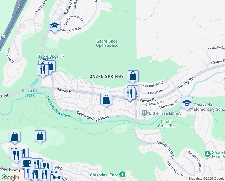 map of restaurants, bars, coffee shops, grocery stores, and more near 12636 Springbrook Drive in San Diego