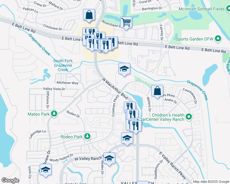 map of restaurants, bars, coffee shops, grocery stores, and more near 10501 North MacArthur Boulevard in Irving