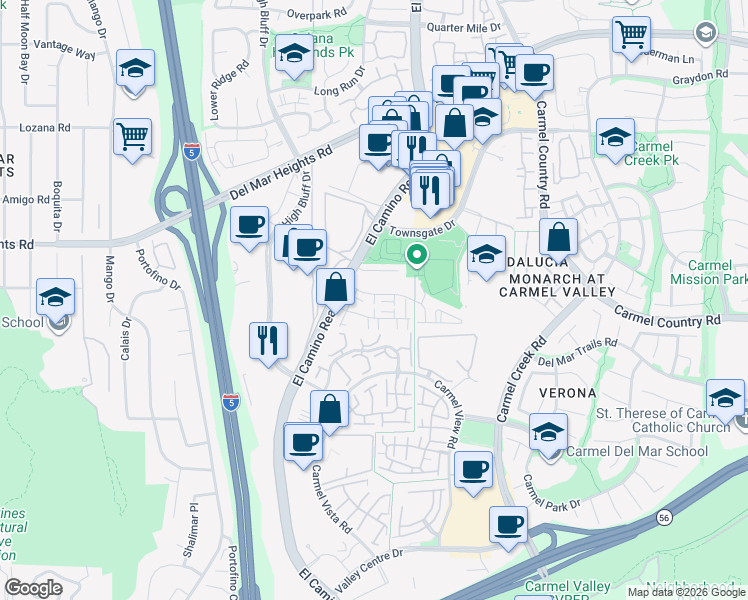 map of restaurants, bars, coffee shops, grocery stores, and more near 12607 El Camino Real in San Diego