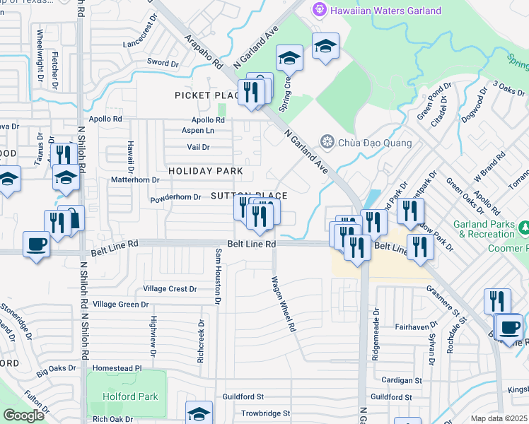 map of restaurants, bars, coffee shops, grocery stores, and more near 3021 Wagon Wheel Road in Garland