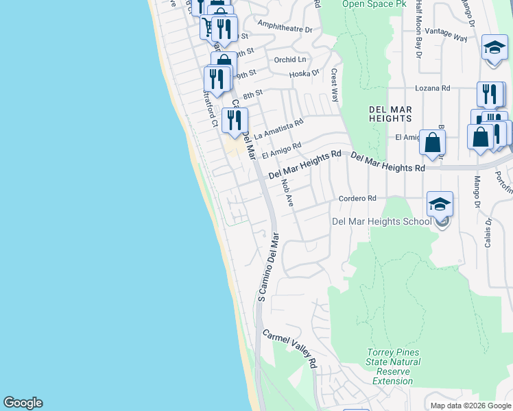 map of restaurants, bars, coffee shops, grocery stores, and more near 225 Sea Forest Court in Del Mar