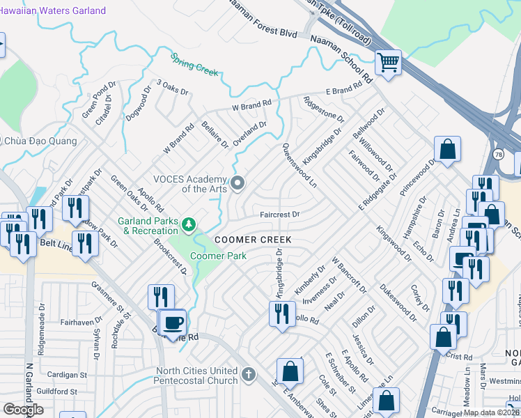 map of restaurants, bars, coffee shops, grocery stores, and more near 326 Faircrest Drive in Garland
