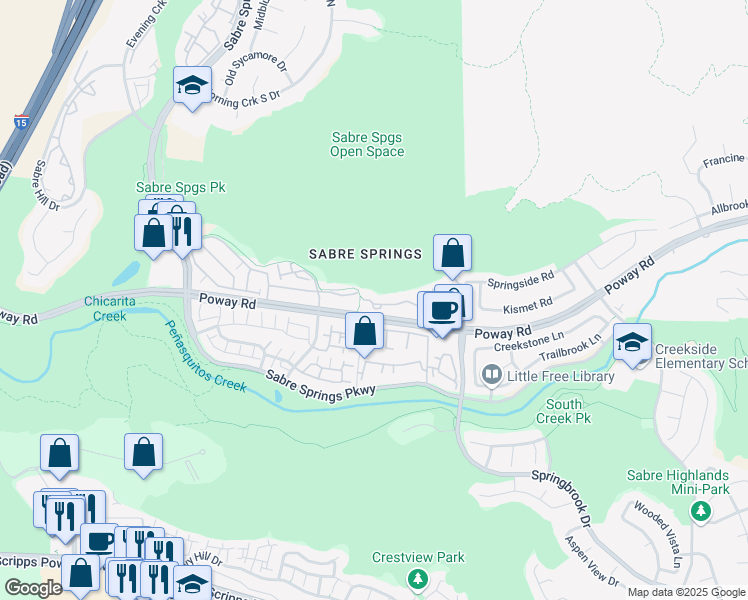 map of restaurants, bars, coffee shops, grocery stores, and more near 12642 Springbrook Drive in San Diego