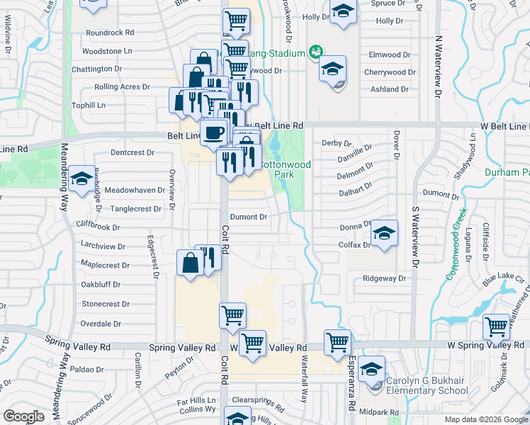 map of restaurants, bars, coffee shops, grocery stores, and more near 1416 Stagecoach Drive in Richardson