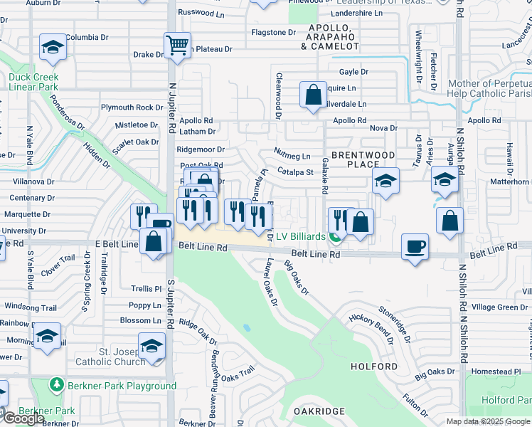 map of restaurants, bars, coffee shops, grocery stores, and more near 3174 Pebblebrook Drive in Garland