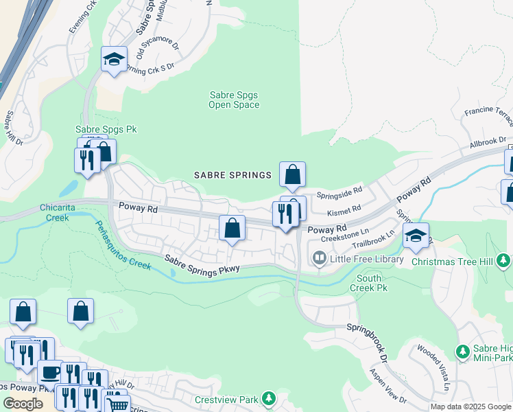 map of restaurants, bars, coffee shops, grocery stores, and more near 12632 Springbrook Drive in San Diego