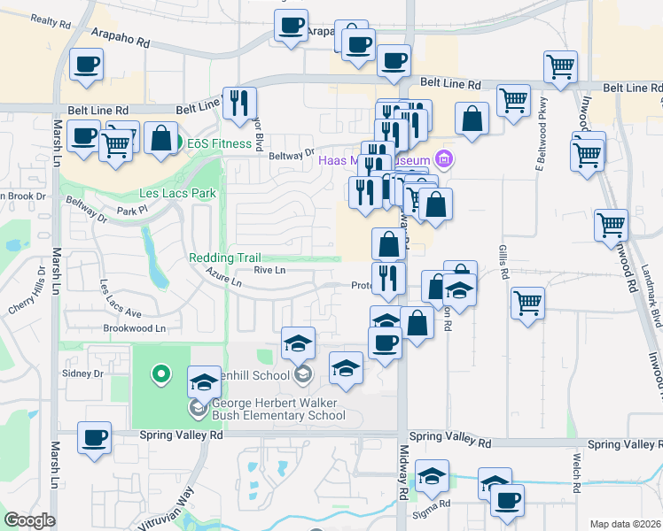map of restaurants, bars, coffee shops, grocery stores, and more near 4102 Rush Circle in Addison