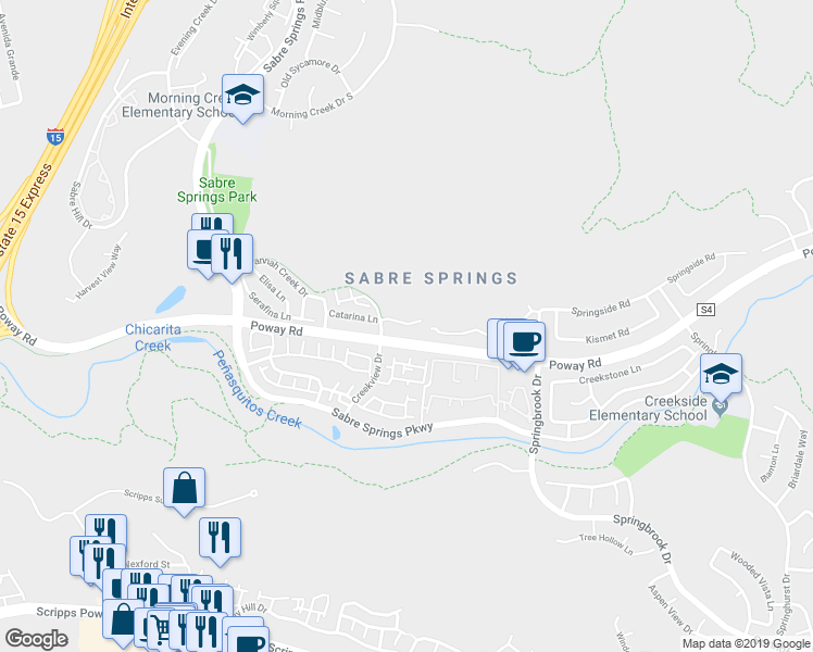 map of restaurants, bars, coffee shops, grocery stores, and more near 11170 Catarina Lane in San Diego