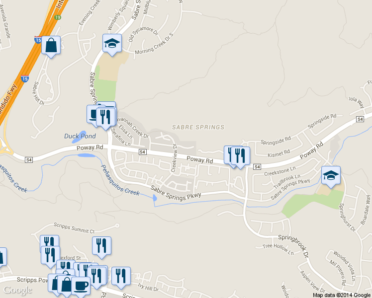 map of restaurants, bars, coffee shops, grocery stores, and more near 12640 Creekview Drive in San Diego