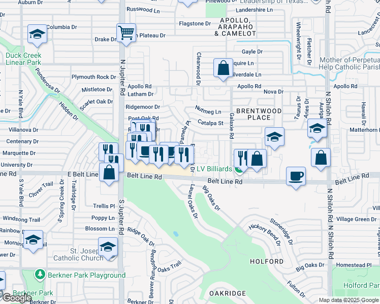 map of restaurants, bars, coffee shops, grocery stores, and more near 3174 Pebblebrook Drive in Garland