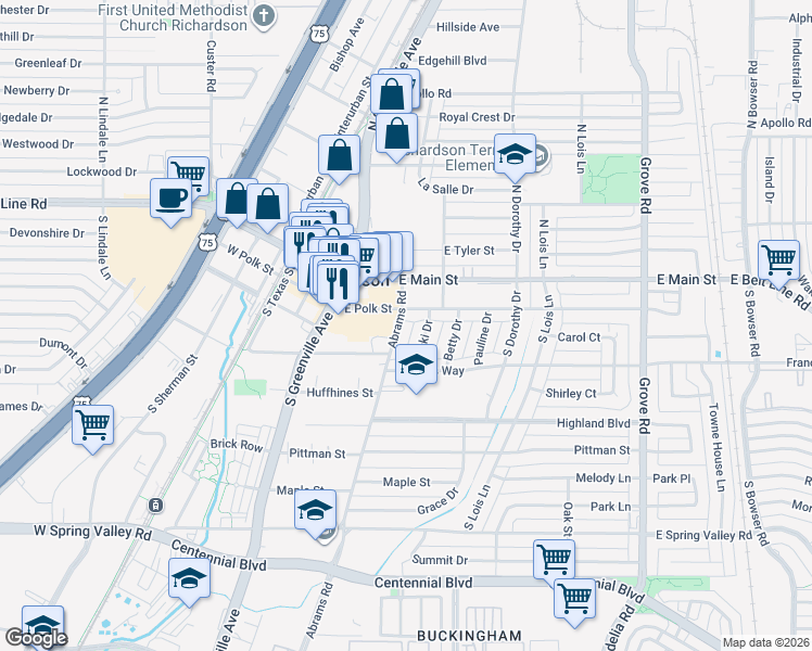 map of restaurants, bars, coffee shops, grocery stores, and more near 401 East Polk Street in Richardson