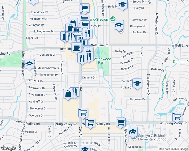 map of restaurants, bars, coffee shops, grocery stores, and more near 1416 Stagecoach Drive in Richardson