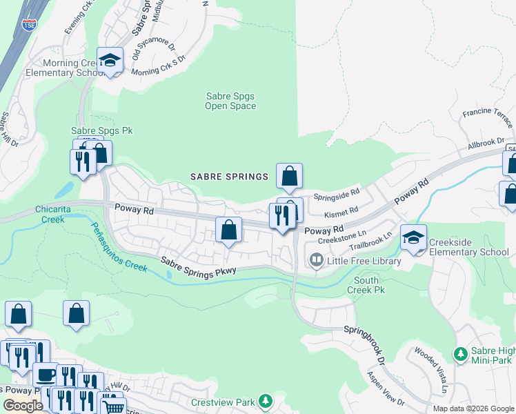 map of restaurants, bars, coffee shops, grocery stores, and more near 12626 Springbrook Drive in San Diego