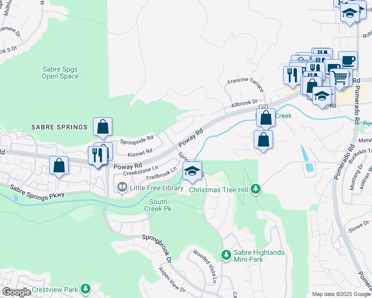 map of restaurants, bars, coffee shops, grocery stores, and more near 12515 Springhurst Drive in San Diego