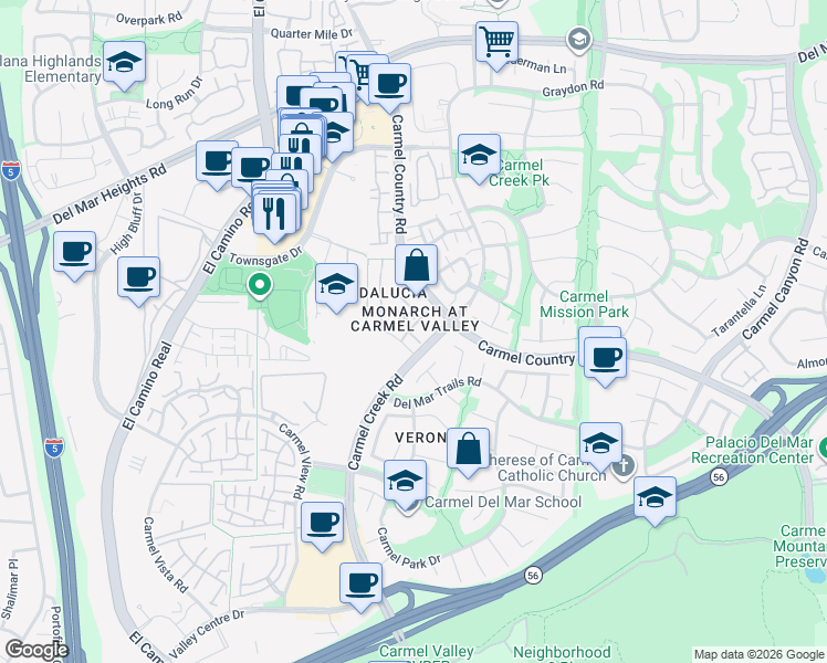 map of restaurants, bars, coffee shops, grocery stores, and more near 12376 Carmel Country Road in San Diego