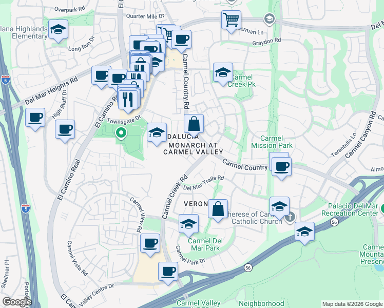 map of restaurants, bars, coffee shops, grocery stores, and more near 12376 Carmel Country Road in San Diego