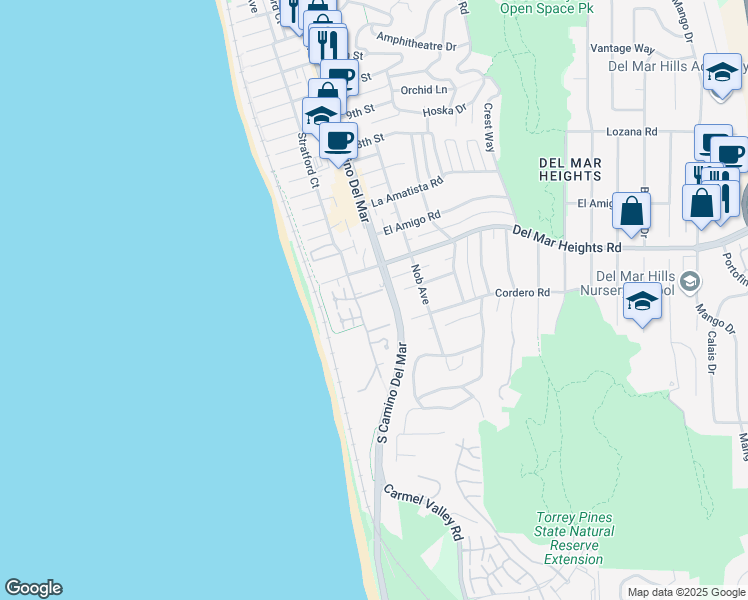 map of restaurants, bars, coffee shops, grocery stores, and more near 233 Sea Forest Court in Del Mar
