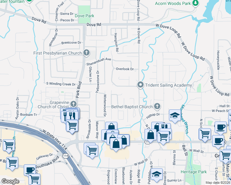 map of restaurants, bars, coffee shops, grocery stores, and more near 1531 Tiffany Forest Lane in Grapevine