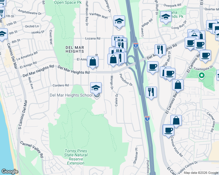 map of restaurants, bars, coffee shops, grocery stores, and more near 13692 Mango Drive in Del Mar