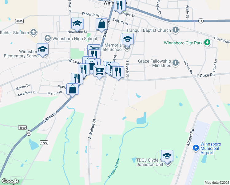 map of restaurants, bars, coffee shops, grocery stores, and more near 726 Taylor Drive in Winnsboro