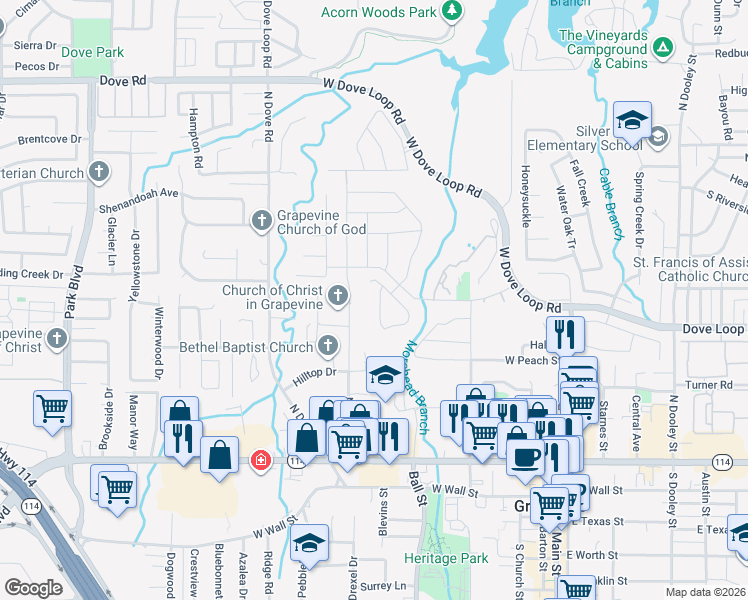 map of restaurants, bars, coffee shops, grocery stores, and more near 1005 Shady Brook Drive in Grapevine