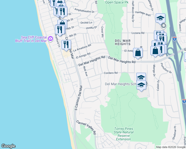 map of restaurants, bars, coffee shops, grocery stores, and more near 13730 Condesa Drive in Del Mar