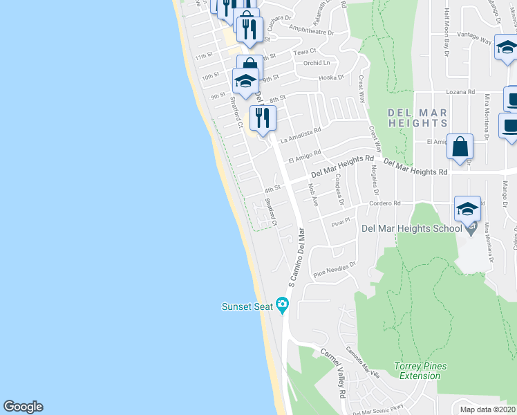 map of restaurants, bars, coffee shops, grocery stores, and more near 374 Stratford Court in Del Mar
