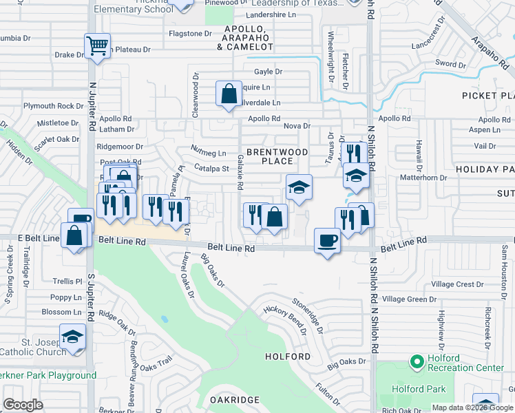 map of restaurants, bars, coffee shops, grocery stores, and more near 2917 Red Gum Road in Garland