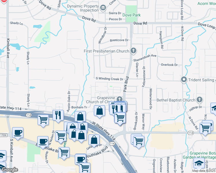 map of restaurants, bars, coffee shops, grocery stores, and more near 2157 South Winding Creek Drive in Grapevine