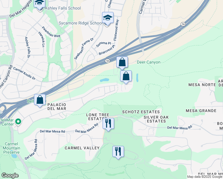 map of restaurants, bars, coffee shops, grocery stores, and more near 12627 Caminito Destello in San Diego